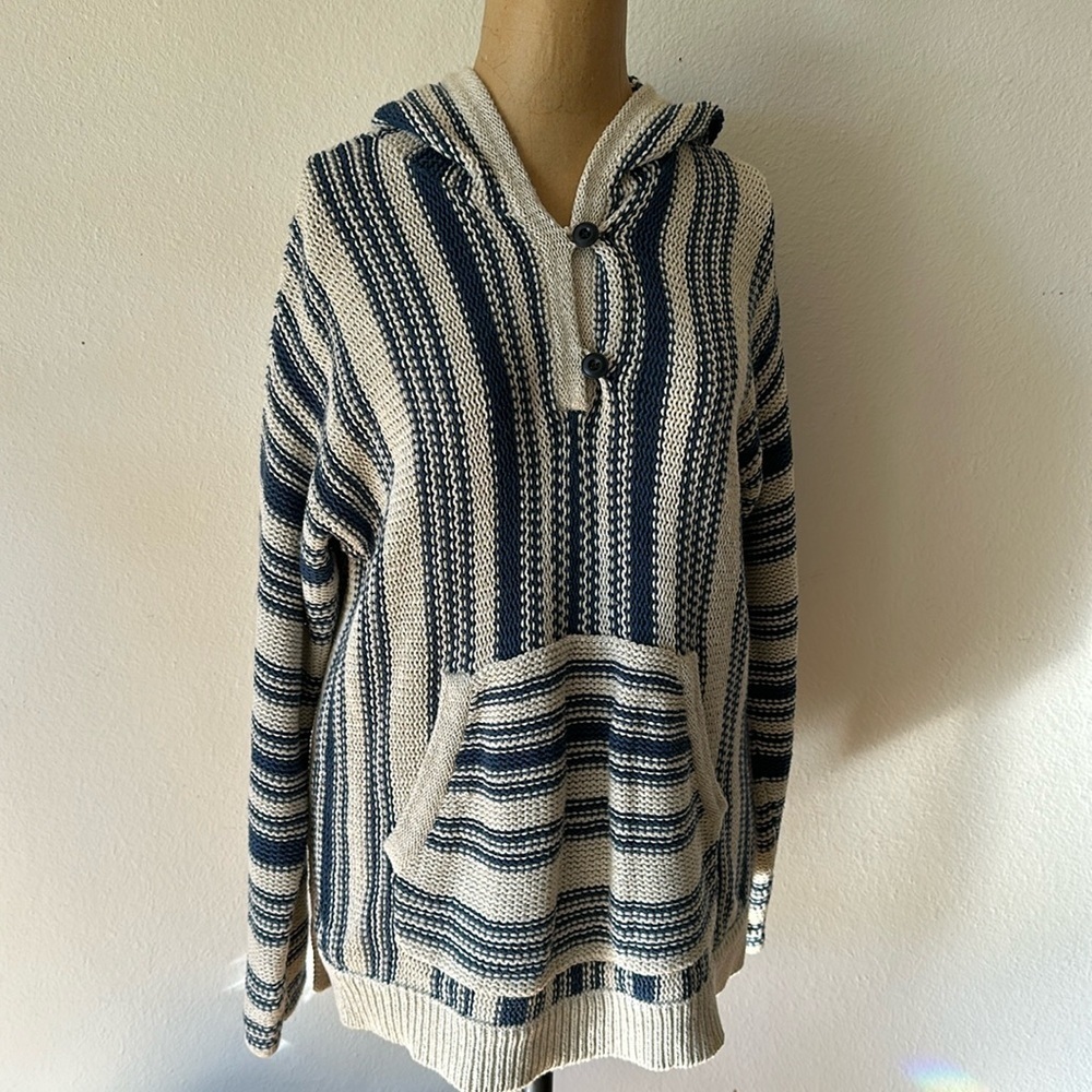 Outerknown sz XS blue white knit pullover hoodie puma cotton great condition